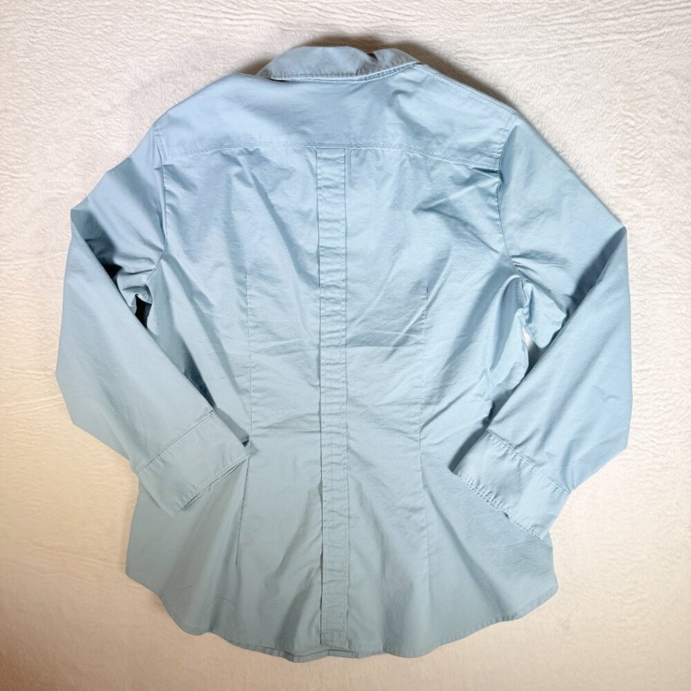 New York & Company Stretch Blue Solid Long Sleeve Button-Up Women's Medium - Picture 3 of 6
